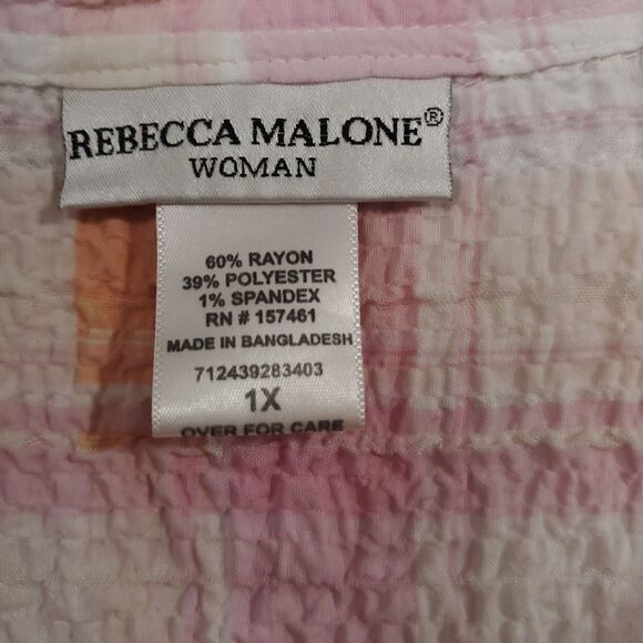 Rebecca Malone Pink Seersucker Top Button Blouse Size 1X Roll Tab Sleeves - Picture 3 of 10